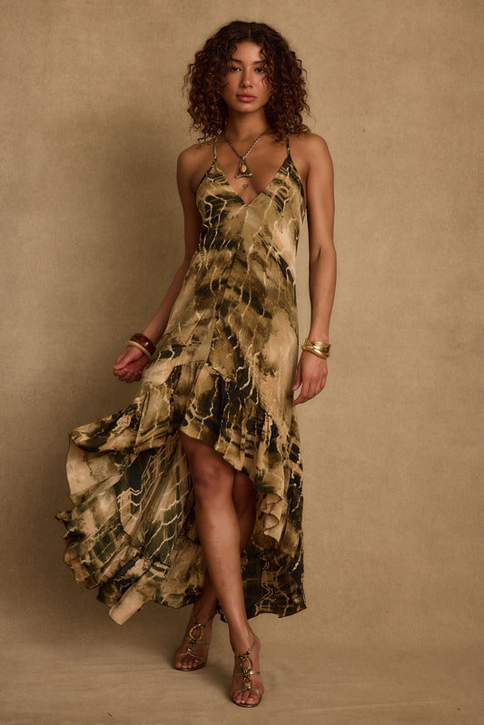 Amira Olive Animal Midi Dress