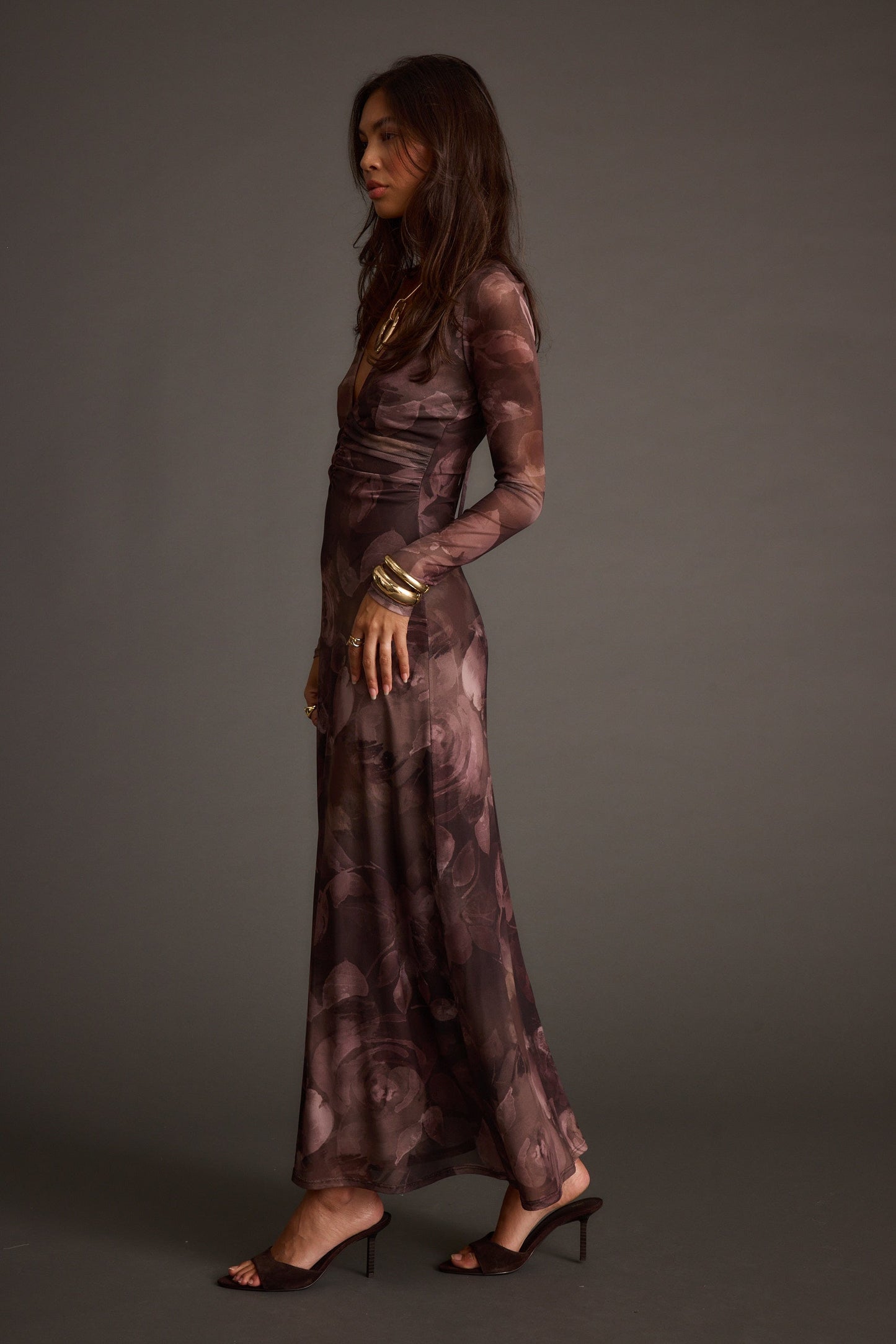 Kristin Plum Blur Mesh Maxi Dress